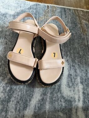 Tory Burch Pale Blush Leather Espadrilles Platform Sandals with Gold Logo